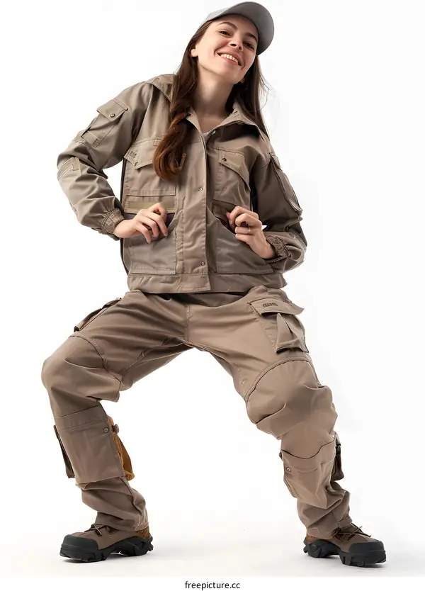 A young woman in a brown jumpsuit and a gray hat is posing on a white background
