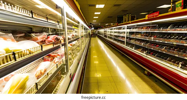 Empty Supermarket Aisle with Refrigerated Shelves