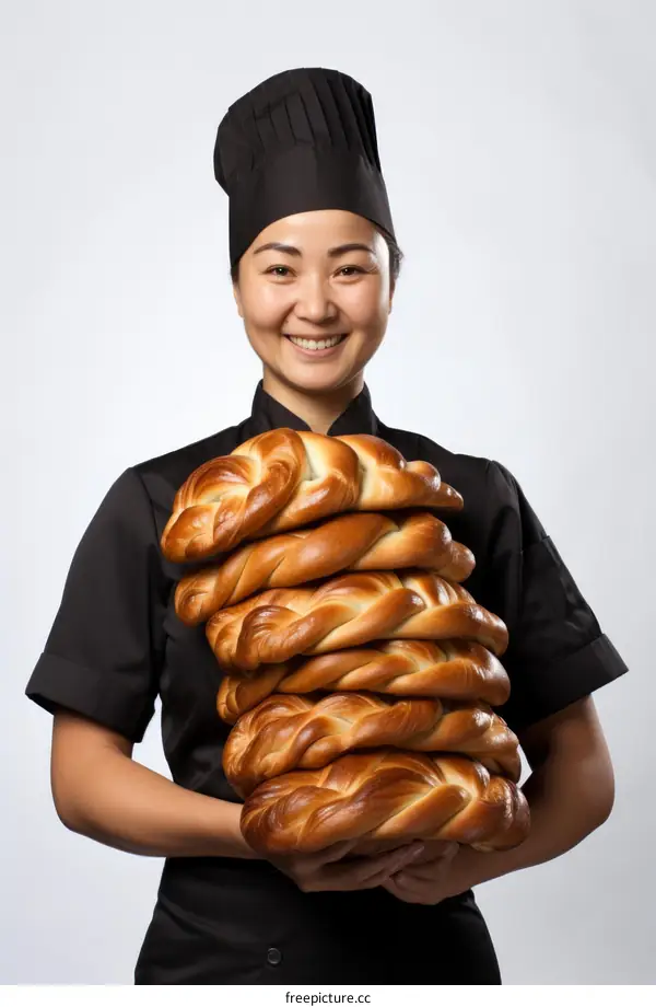 A baker is holding a large stack of freshly baked bread in her arms and smiling at the camera.