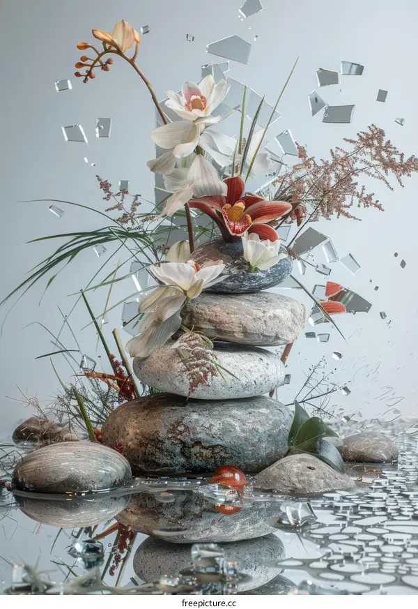 Serene Still Life: Orchid, Rocks, and Water Reflection