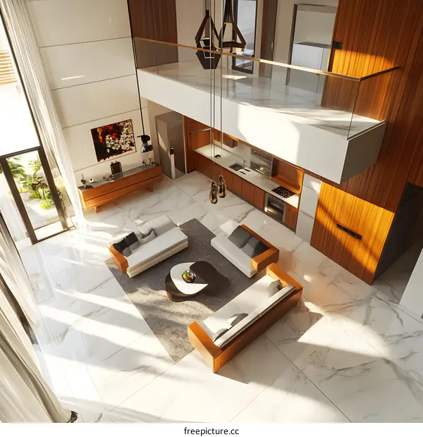 Modern Living Room Interior Design with White Marble Flooring and Wooden Accents