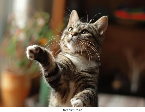 A cute tabby cat with its paw outstretched