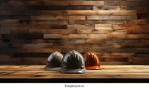 Three hard hats on a wooden table with a wood background