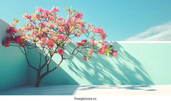 Pink Flower Tree Near White and Teal Wall