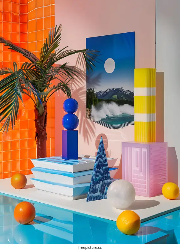 Abstract Still Life With Palm Tree, Geometric Shapes, and Oranges