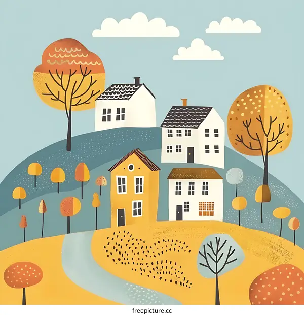 Autumn Village Landscape Illustration