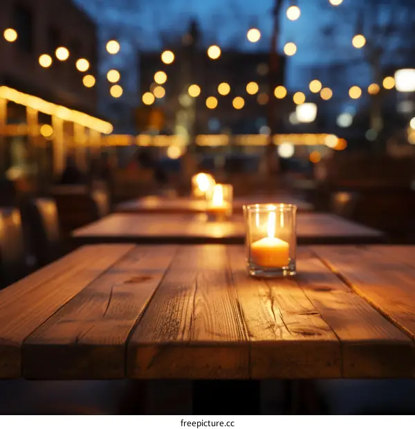 An empty restaurant with a candle on a wooden table
