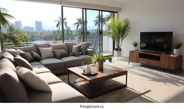 Modern living room interior with large windows and comfortable sofa