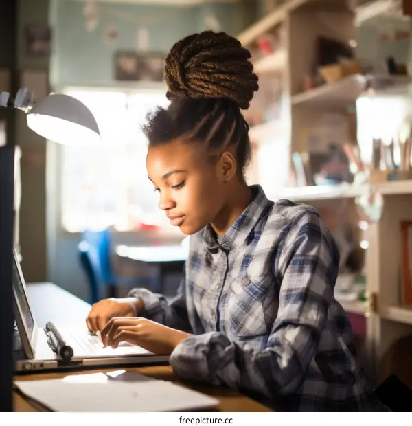 Young African-American woman using laptop computer