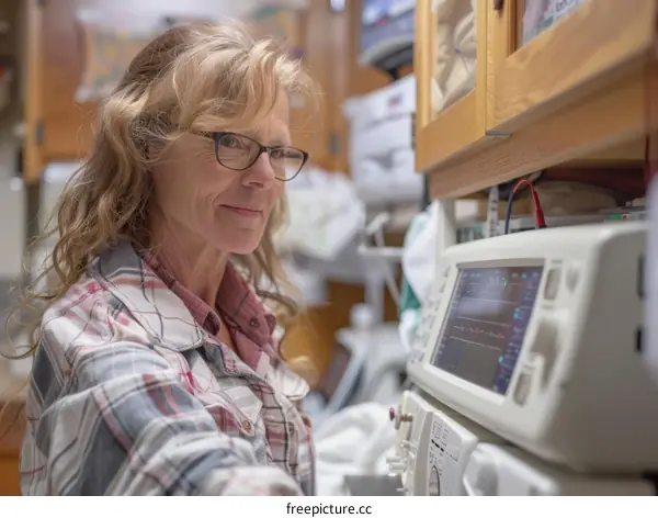 A female medical professional wearing glasses and a plaid shirt is monitoring a patient's vital signs using a medical monitor.