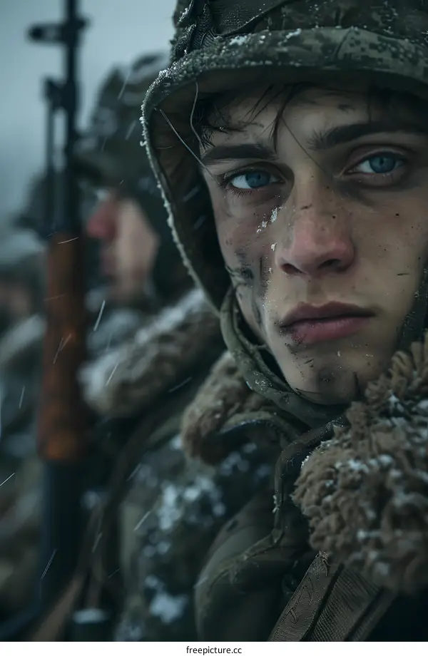 Portrait of a young soldier in the snow