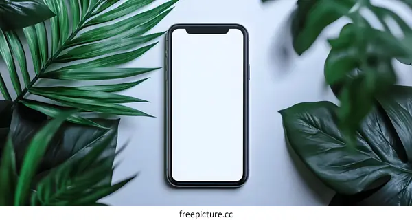 Modern Smartphone with Green Leaves on White Background