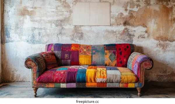 Colorful Patchwork Sofa against Rustic Wall
