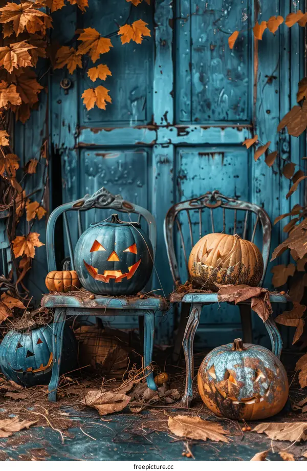 Two Halloween pumpkins sit on chairs in front of a blue wooden door