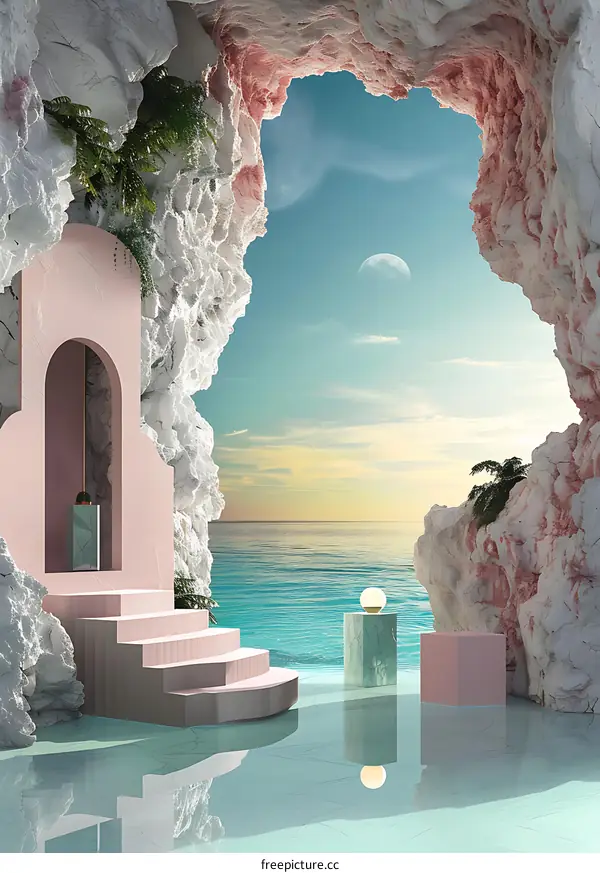 Minimalist Pink Archway and Stairs Leading to the Sea