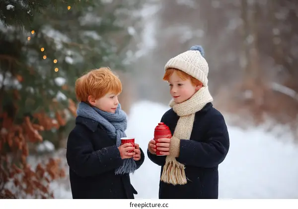 Two Ginger-haired Children Enjoying Winter Outdoors