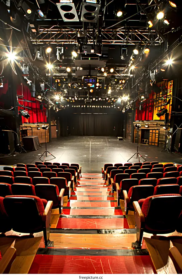 Empty Theater Seats Facing Stage with Red Seats and Wooden Steps