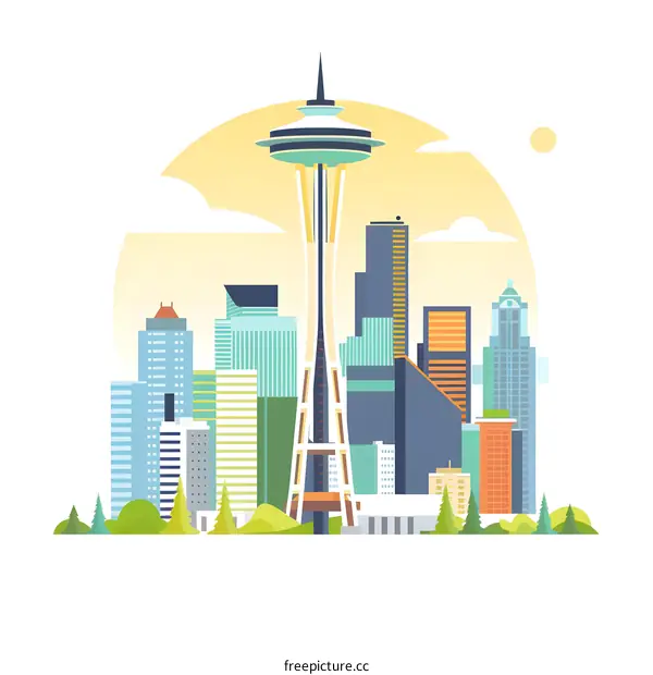 Seattle Skyline with Space Needle Illustration