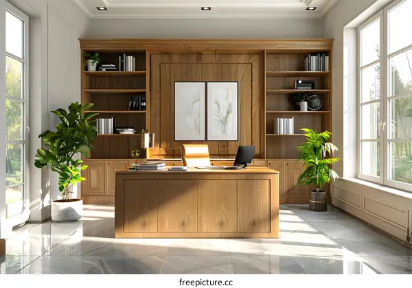Luxury home office interior with wooden desk and bookshelves