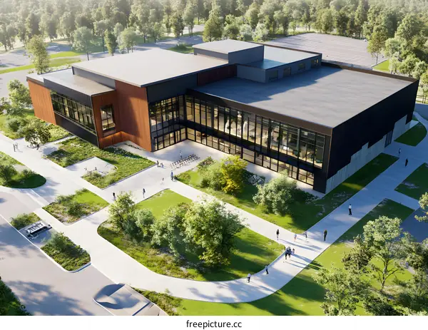 Modern Building Design with Surrounding Greenery and People Walking