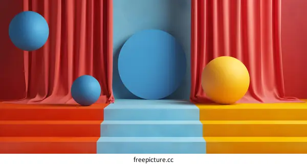 3D rendering of a stage with blue and orange curtains and a blue and yellow sphere