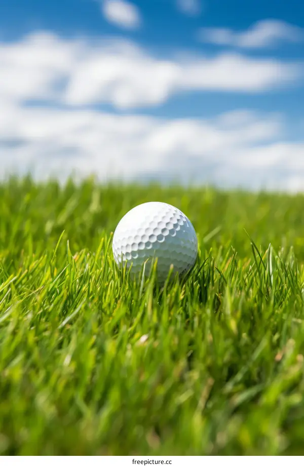 Close-up of a golf ball sitting on the green grass of a golf course with a blue sky and white clouds in the background