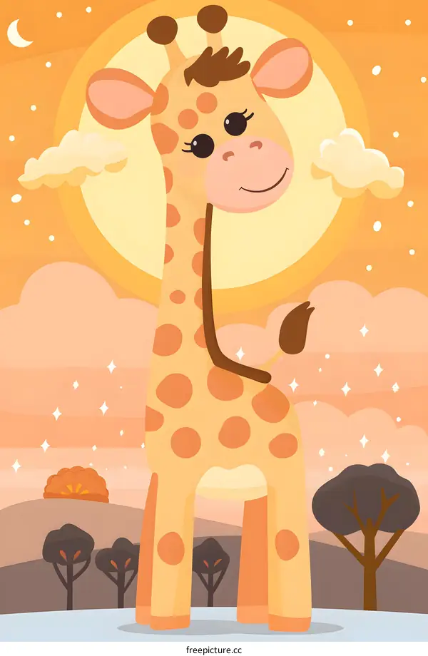 Cute Giraffe Illustration with Sunset Background