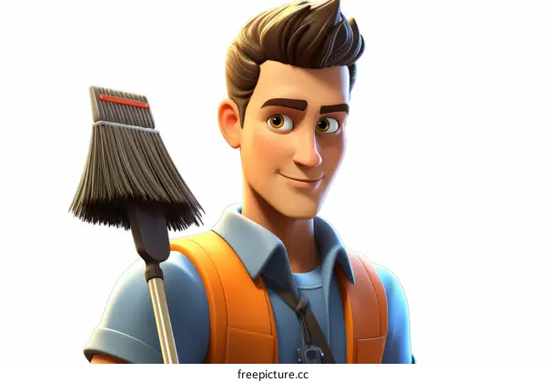 Cartoon illustration of a smiling man with a broom