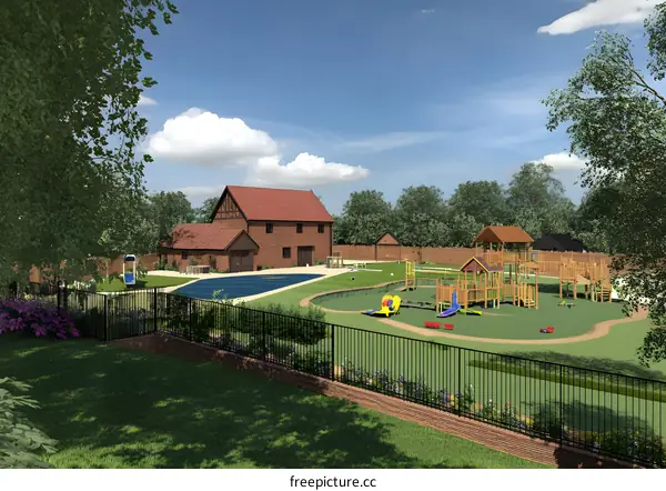 Modern Backyard Design with Playground and Pool