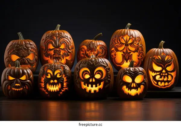Carved pumpkins with intricate designs glowing in the dark