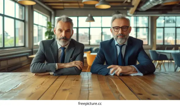 Two business partners sitting at a conference table looking at the camera