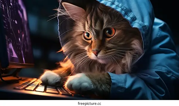 Cat in a hoodie is hacking into a computer