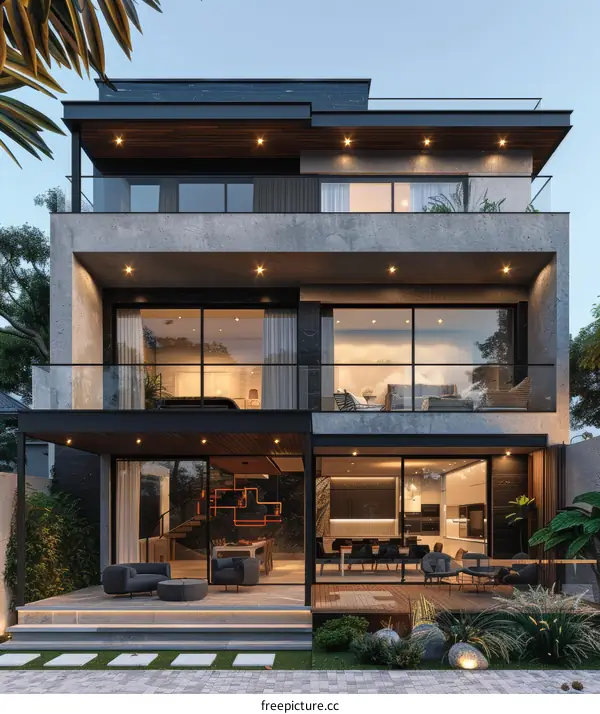 Modern Concrete House Exterior Design with Spacious Patio