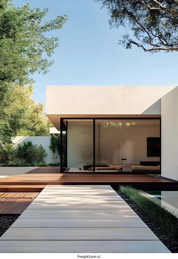 Modern Minimalist House Design with Wooden Deck and Patio