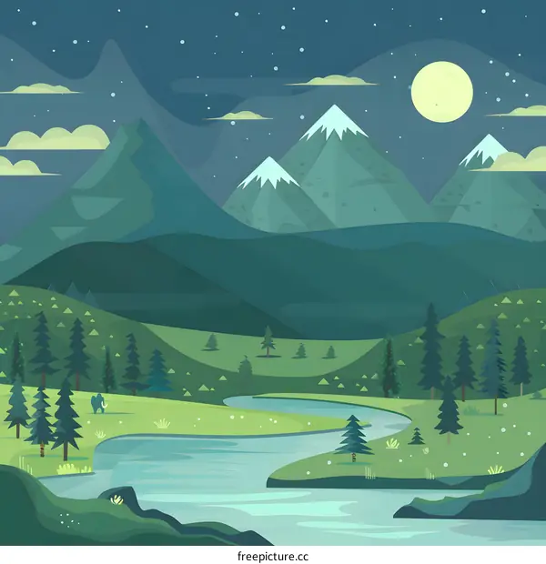 Night Mountain Landscape with River and Full Moon