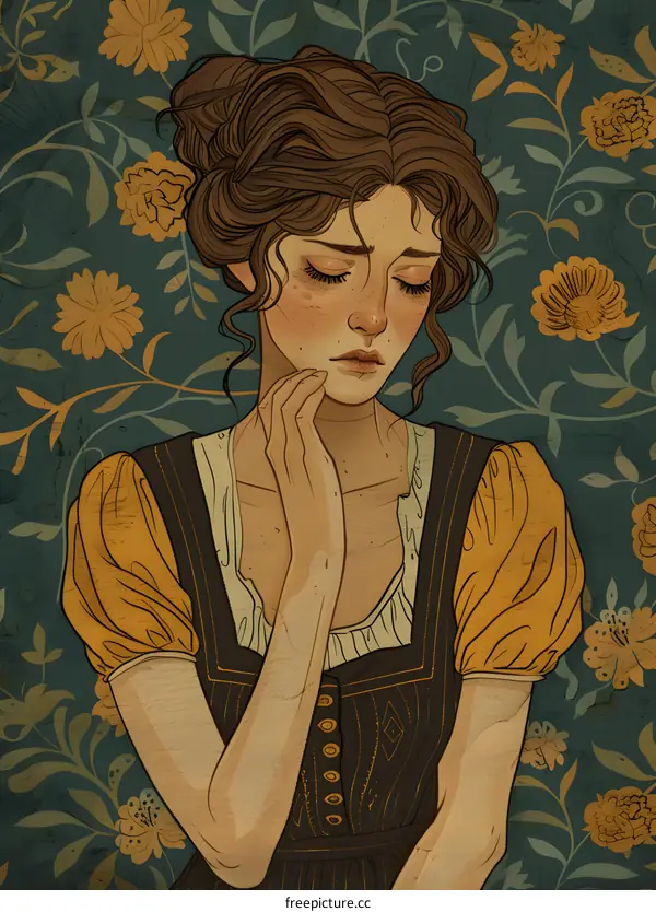 portrait of a young woman with brown hair and yellow flowers in the background