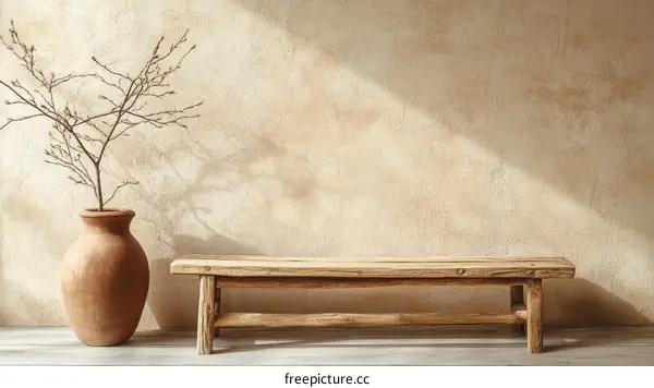 Rustic Interior Setting with Wooden Bench and Vase