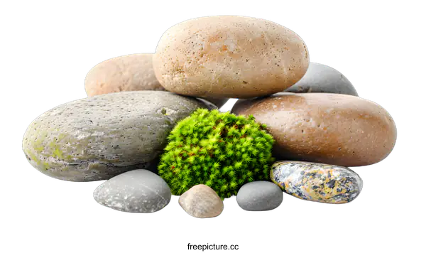 [Transparent Background PNG]Smooth Stones with Green Moss Isolated on White Background