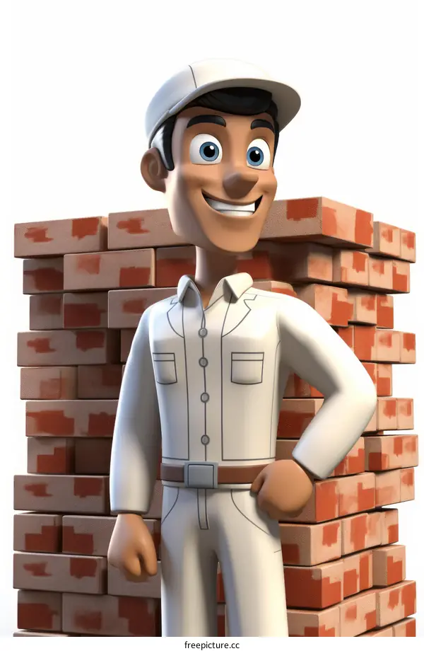 Builder Bob standing next to a stack of bricks