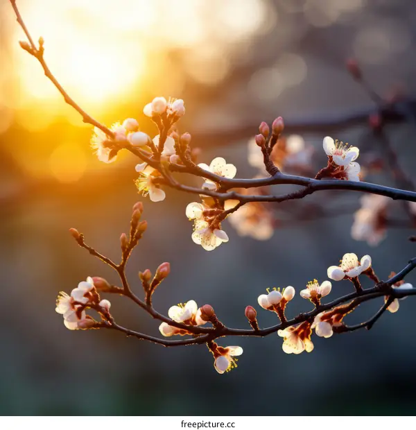 Blossoming Apricot Branch Bathed in Sunset's Glow