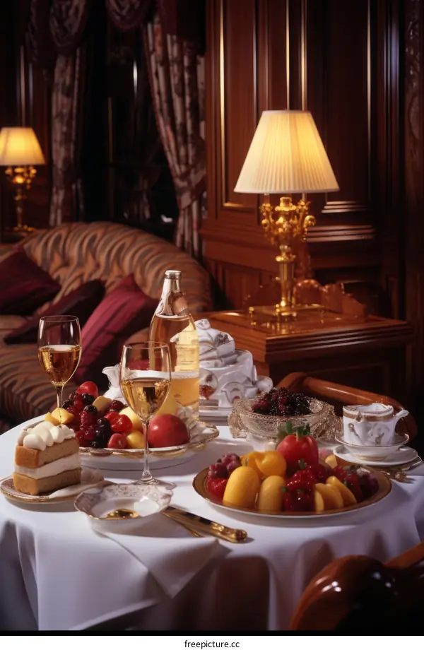 Elegant indoor dining room with a table full of food and drinks