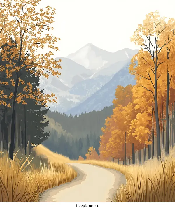Autumn Mountain Road Landscape Illustration