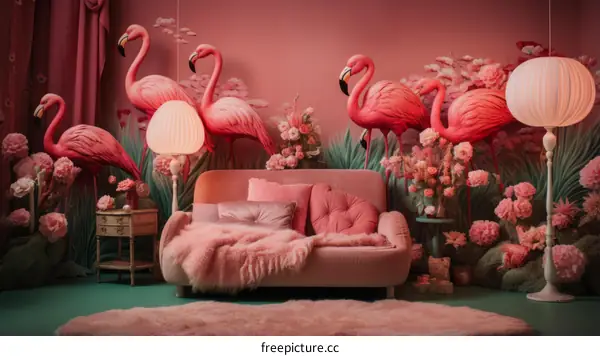 pink flamingo tropical living room