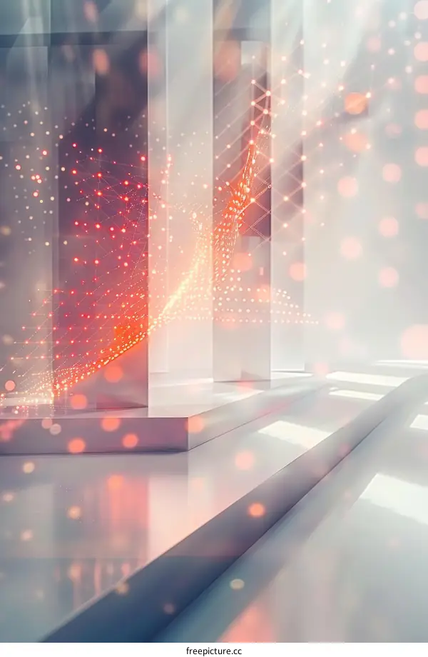 Abstract illustration of a futuristic hallway with glowing red particles