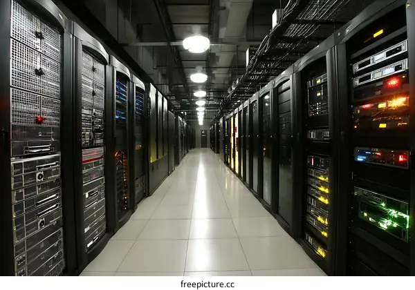 Modern Data Center Interior with Rows of Server Racks