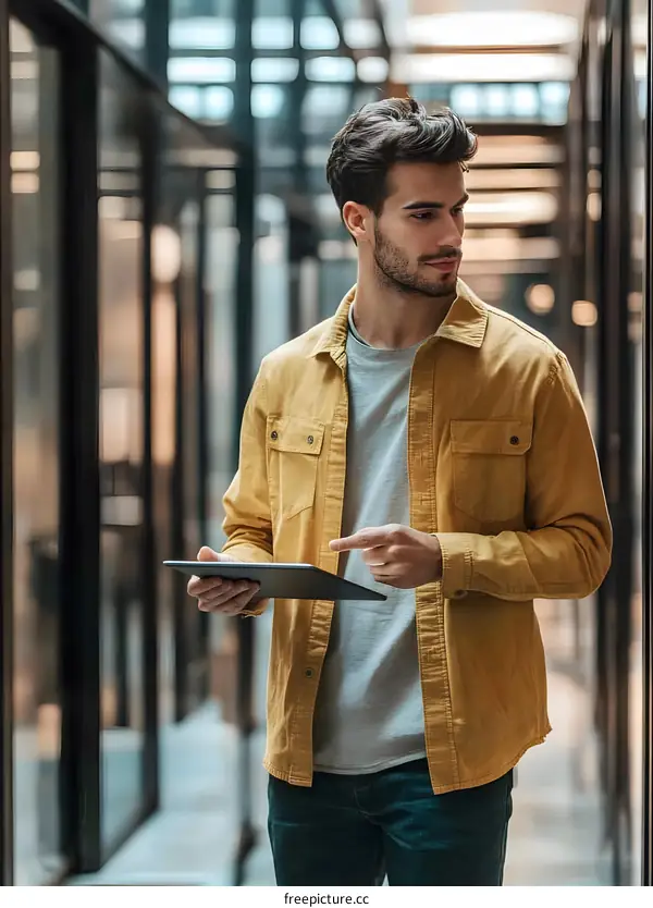 Man Using Tablet Computer While Walking In Modern Office