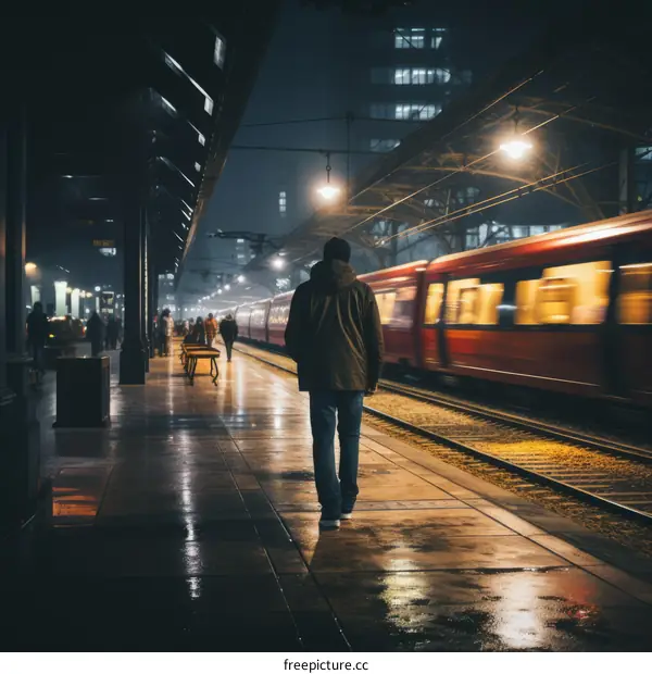 Man in a train station at night with a train passing by