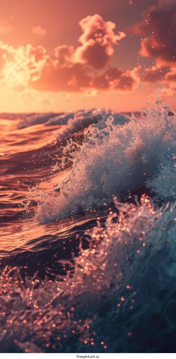 Waves crashing onto shore with a vibrant sunset in the background