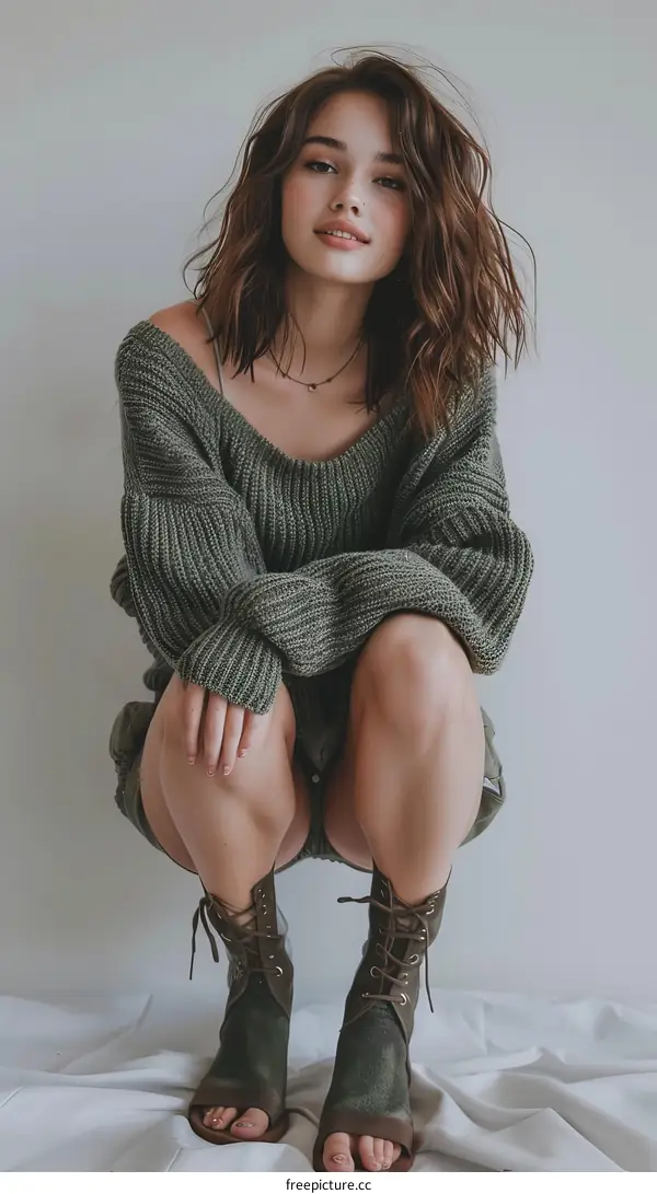 Young Woman in a Cozy Green Sweater and Ankle Boots