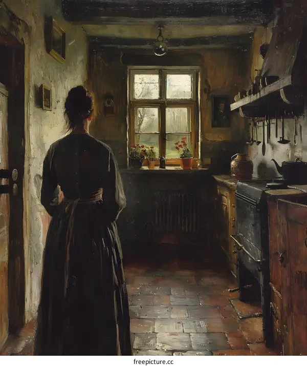 A woman standing in a kitchen looking out the window